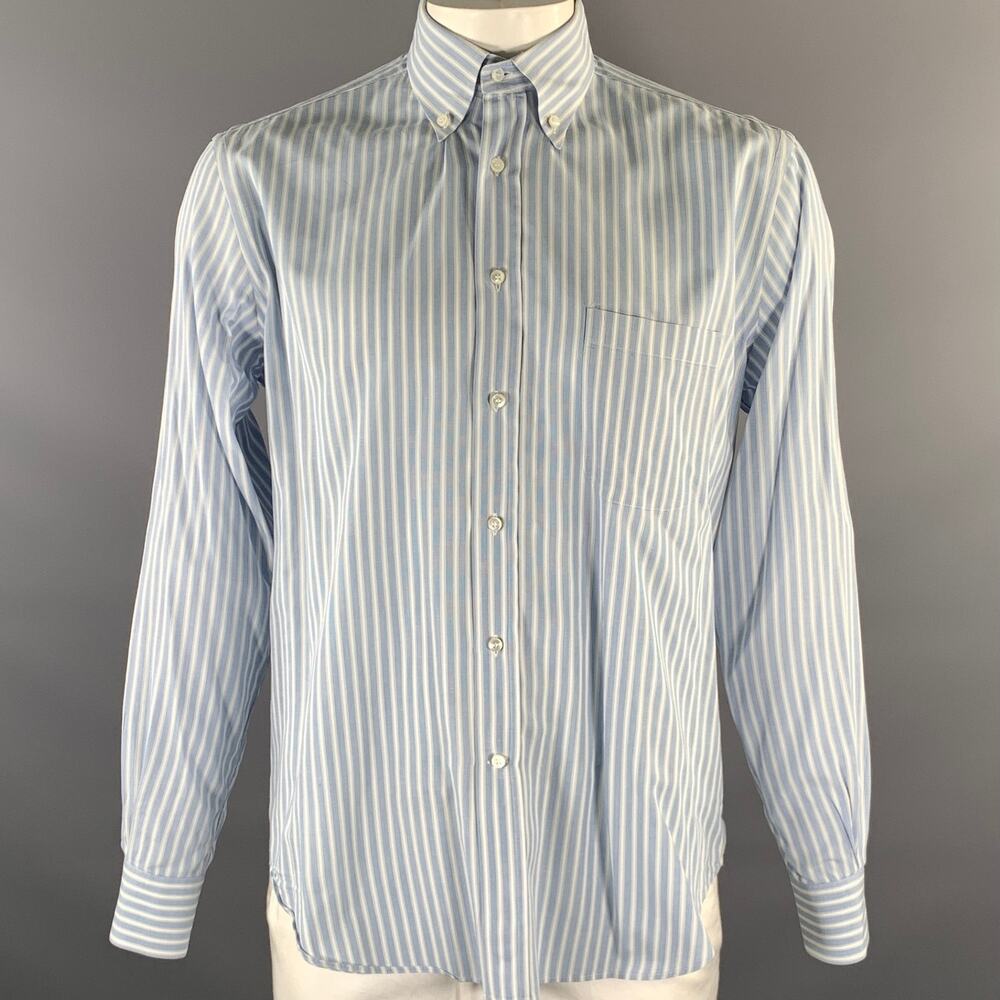 LORO PIANA Size XL Blue White Stripe Cotton Button Down Long Sleeve Shirt